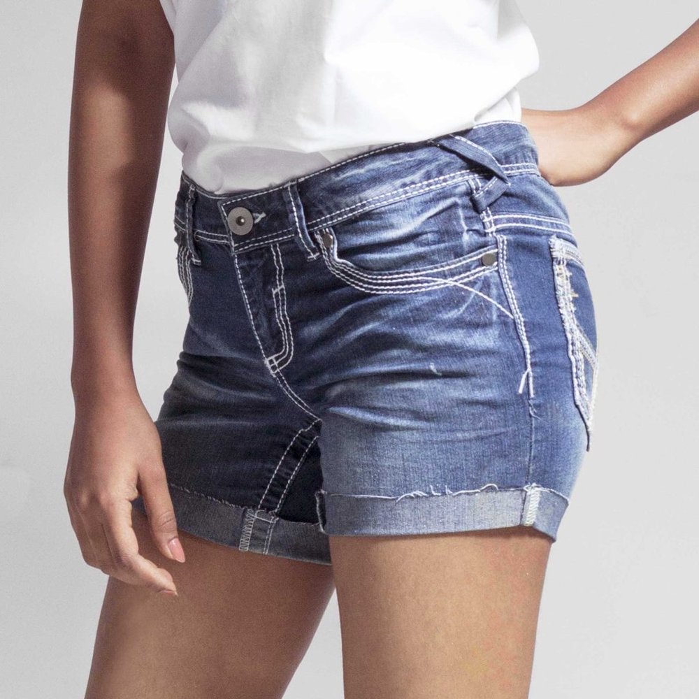 OLGYN Women’s Stretch Medium Blue Denim Shorts - Picture 3 of 3